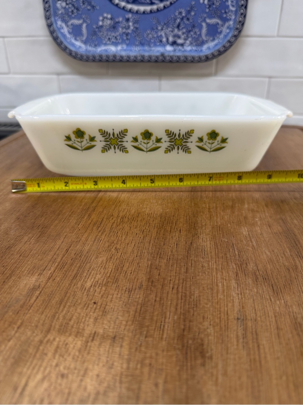 Anchor Hocking White Loaf Dish with Olive Green Floral Border